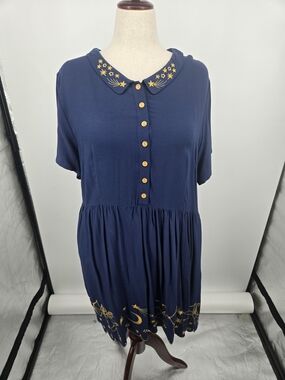 Harkel Star Crossed Lovers Navy Tunic Dress Embroidered Collar Hem US18 NWT 7053